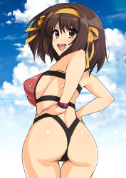 Rule 34 | 1girl, ass, blue sky, bracelet, breasts, brown eyes, brown hair, cloud, cloudy sky, commentary request, day, from behind, hairband, hand on own hip, haruhisky, highres, jewelry, looking at viewer, looking back, medium breasts, open mouth, outdoors, shiny skin, short hair, sideboob, simple background, sky, smile, solo, suzumiya haruhi, suzumiya haruhi no yuuutsu, swimsuit, thighs