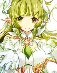 Rule 34 | 1girl, closed mouth, daybreaker (elsword), elsword, gloves, green eyes, green hair, green necktie, long hair, looking at viewer, necktie, no nose, outstretched hand, pointy ears, rena erindel, runia (runia0), signature, simple background, smile, solo, upper body, white background, white gloves