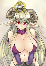 Rule 34 | 1girl, bare shoulders, bikini, blonde hair, blush, breasts, cleavage, collar, covered erect nipples, crown, cuffs, demon girl, detached sleeves, ekoda (piapro), handcuffs, horn ornament, horn ring, horns, huge breasts, large breasts, long hair, looking at viewer, navel, original, pointy ears, purple bikini, queen, red eyes, simple background, solo, swimsuit, very long hair