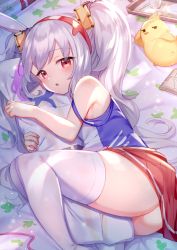 Rule 34 | 1girl, :o, animal, animal ears, ass, azur lane, bare arms, bare shoulders, bed sheet, bird, blush, body pillow, breasts, camisole, chick, commentary request, cup, drinking glass, fake animal ears, feet out of frame, full body, hair between eyes, hair ornament, hairband, laffey (azur lane), long hair, looking at viewer, lying, manjuu (azur lane), hugging object, on side, parted lips, pillow, pillow hug, plate, pleated skirt, rabbit ears, red eyes, red hairband, red skirt, silver hair, skirt, solo, strap slip, thighhighs, tray, tsukiman, twintails, very long hair, white camisole, white thighhighs