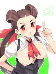 Rule 34 | 10s, 1girl, blush, breasts, brown hair, creatures (company), game freak, gym leader, large breasts, long hair, nintendo, nipples, pokemon, pokemon oras, red eyes, roxanne (pokemon), solo, standing, twintails