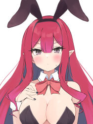 Rule 34 | 1girl, absurdres, animal ears, baobhan sith (fate), bare shoulders, black leotard, black nails, blush, bow, breasts, cleavage, detached collar, fake animal ears, fate/grand order, fate (series), grey eyes, hand on own chest, highres, large breasts, leotard, long hair, looking at viewer, nail polish, pink hair, playboy bunny, pointy ears, rabbit ears, red bow, shimejirou (000kk), sidelocks, solo, sweatdrop, upper body, white background, white wrist cuffs, wrist cuffs