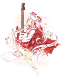 Rule 34 | 1girl, adapted costume, alternate hairstyle, blunt bangs, blush, bobby socks, bow, domotolain, female focus, fujiwara no mokou, guitar, hair bow, head tilt, hime cut, instrument, japanese clothes, kimono, long hair, looking at viewer, no shoes, obi, red eyes, sash, silver hair, socks, solo, suspenders, thighs, touhou, twintails, very long hair, white socks