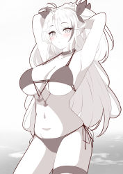 Rule 34 | 1girl, absurdres, armpits, arms behind head, arms up, azur lane, bare arms, bare shoulders, bikini, blush, breasts, cleavage, closed mouth, hair between eyes, hair ribbon, highres, large breasts, long hair, looking at viewer, monochrome, moyoron, navel, parted bangs, prinz eugen (azur lane), prinz eugen (unfading smile) (azur lane), ribbon, side-tie bikini bottom, solo, swimsuit, thigh strap, two side up, very long hair