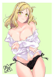Rule 34 | 10s, 1girl, akira miku ver, areola slip, bare shoulders, black panties, blonde hair, blush, border, braid, breasts, cleavage, green background, highres, large breasts, long hair, looking at viewer, love live!, love live! sunshine!!, matching hair/eyes, no bra, off shoulder, ohara mari, outside border, panties, signature, simple background, smile, solo, underwear, white border
