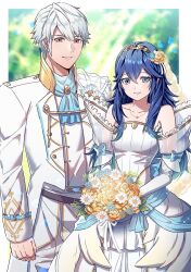 Rule 34 | 1boy, 1girl, ameno (a meno0), ascot, bare shoulders, belt, blue ascot, blue eyes, blue hair, bouquet, bride (fire emblem), brown belt, brown eyes, closed mouth, collarbone, commentary, couple, detached sleeves, dress, fire emblem, fire emblem awakening, fire emblem heroes, flower, formal, grin, groom, hair between eyes, hair flower, hair ornament, highres, holding, holding bouquet, jewelry, long hair, long sleeves, looking at viewer, lucina (fire emblem), necklace, nintendo, official alternate costume, robin (fire emblem), robin (male) (fire emblem), robin (male) (groom) (fire emblem), rose, see-through, short hair, smile, suit, tiara, wedding dress, white dress, white flower, white hair, white sleeves, white suit, yellow flower, yellow rose