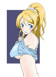 Rule 34 | 10s, 1girl, ayase eli, bad id, bad pixiv id, blonde hair, blue eyes, blush, breasts, clothes lift, eleven929rr, long hair, looking back, love live!, love live! school idol festival, love live! school idol project, medium breasts, ponytail, shirt, shirt lift, solo, underboob, white background