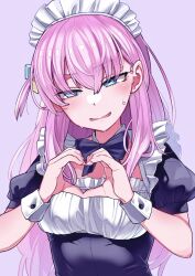 Rule 34 | 1girl, alternate costume, black dress, blue eyes, blush, bocchi the rock!, desert (desel 1), dress, enmaided, eyebrows hidden by hair, gotoh hitori, hair ornament, heart, heart hands, highres, looking at viewer, maid, maid headdress, parted lips, pink hair, purple background, simple background, solo, sweatdrop, upper body, wrist cuffs