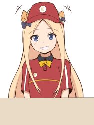 Rule 34 | +++, 1girl, abigail williams (fate), absurdres, alternate costume, black bow, blonde hair, blue eyes, blush, bow, collared shirt, commentary request, employee uniform, fate/grand order, fate (series), flat cap, forehead, grin, hair bow, hat, highres, long hair, looking at viewer, mitchi, orange bow, parted bangs, polo shirt, red hat, red shirt, shirt, short sleeves, simple background, smile, solo, uniform, very long hair, white background
