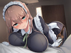 Rule 34 | 1girl, alternate costume, apron, aqua eyes, black skirt, blush, bottle, braid, breast press, breasts, brown hair, closed mouth, enmaided, holding, holding bottle, large breasts, leaning forward, long hair, maid, maid apron, maid headdress, original, osisio, skirt, smile, wooden door