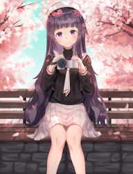 Rule 34 | 1girl, absurdres, black shirt, blunt bangs, camera, cardcaptor sakura, cherry blossoms, commentary request, daidouji tomoyo, feet out of frame, hat, highres, holding, holding camera, long hair, long sleeves, looking at viewer, michelan, necktie, outdoors, pleated skirt, purple eyes, shirt, sitting, skirt, smile, solo, wavy hair, white hat, white necktie, white skirt