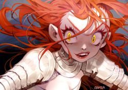 Rule 34 | 1girl, armor, artist name, breasts, cleavage, female focus, gamza, long hair, orange hair, original, parted lips, pauldrons, red lips, shoulder armor, signature, smile, solo, teeth, upper body, wide-eyed, yellow eyes