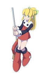 Rule 34 | 1girl, absurdres, android, blonde hair, blush stickers, boots, broom, closed mouth, dress, flat chest, green eyes, green ribbon, hair between eyes, hair ribbon, highres, holding, holding broom, joints, knee boots, knees together feet apart, long hair, long sleeves, mega man (classic), mega man (series), ponytail, powerhamuhamu, red dress, red footwear, ribbon, robot joints, roll (mega man), short dress, sidelocks, simple background, smile, solo, split mouth, white background