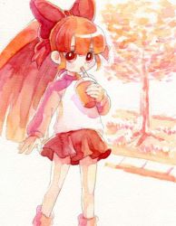 Rule 34 | 00s, 1girl, akazutsumi momoko, blunt bangs, bow, cup, drinking, drinking straw, hair bow, holding, holding cup, hyper blossom, looking at viewer, outdoors, powerpuff girls, powerpuff girls z, red bow, red eyes, red hair, red skirt, red theme, sidewalk, skirt, solo, standing, tree