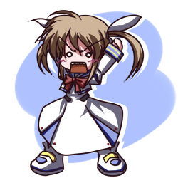 Rule 34 | 00s, 1girl, angry, bow, bowtie, chibi, dress, fictional sister, full body, long sleeves, lyrical nanoha, magical girl, mahou shoujo lyrical nanoha, o o, red bow, red bowtie, simple background, solo, standing, takamachi nanoha, twintails, white background, white dress