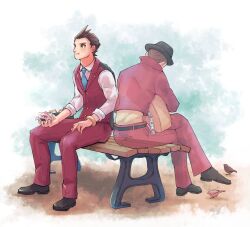 Rule 34 | 2boys, ace attorney, apollo justice, apollo justice: ace attorney, black hat, blue necktie, brown eyes, brown hair, character request, collared shirt, commentary request, food, formal, hat, holding, holding food, kuranne, male focus, multiple boys, necktie, on bench, pants, red pants, red suit, shirt, short hair, suit, top hat, white shirt