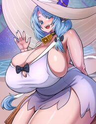 Rule 34 | 1girl, animal ears, beach, bell, blue eyes, blue hair, blue nails, breasts, choker, cleavage, colored eyelashes, cow ears, cow girl, cow horns, cow tail, cowbell, dress, gaikiken, gigantic breasts, hair over shoulder, hat, highres, horns, horns through headwear, indie virtual youtuber, long hair, miilkywayz, neck bell, ocean, open mouth, plump, signature, sitting, smile, solo, sundress, tail, thick thighs, thighs, virtual youtuber, waving, wide brim