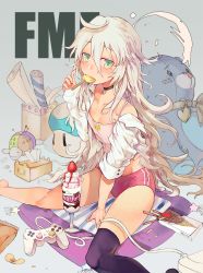 Rule 34 | 1girl, ahoge, bad id, bad pixiv id, black thighhighs, blush, box, buruma, camisole, candy, chips (food), clothes pull, collar, collarbone, controller, dress shirt, dualshock, food, food in mouth, freng, game controller, gamepad, green eyes, hair between eyes, jitome, lollipop, long hair, looking at viewer, messy hair, original, parfait, playstation controller, potato chips, shirt, shirt pull, single thighhigh, sitting, solo, stuffed animal, stuffed toy, teddy bear, thighhighs, very long hair, wariza, white thighhighs