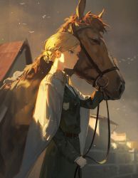 Rule 34 | 1girl, blonde hair, blue eyes, blurry, blurry background, closed mouth, cloud, cloudy sky, collared cape, commentary, day, dino (dinoartforame), english commentary, gate, grey sky, hair bun, highres, holding, horse, house, krista lenz, light rays, looking to the side, military, military uniform, serious, shingeki no kyojin, short hair, single hair bun, sky, standing, sunlight, uniform