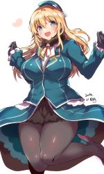 Rule 34 | 1girl, :d, atago (kancolle), beret, black gloves, blonde hair, blue hat, blush, breasts, commentary request, gloves, green eyes, hat, heart, ichihaya, kantai collection, large breasts, leg up, long hair, looking at viewer, military, military uniform, open mouth, pantyhose, revision, rudder footwear, simple background, skirt, smile, solo, uniform, white background