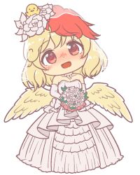 Rule 34 | 1girl, animal, animal on head, bird, bird on head, bird wings, blonde hair, blush, bouquet, bridal gauntlets, bridal veil, bride, chick, drawfag, dress, elbow gloves, feathered wings, flower, gloves, gyate gyate, hair flower, hair ornament, holding, holding bouquet, jewelry, long hair, multicolored hair, necklace, niwatari kutaka, on head, open mouth, red hair, simple background, solo, strapless, strapless dress, touhou, two-tone hair, veil, wedding dress, white background, white dress, white flower, white gloves, wings, yellow wings