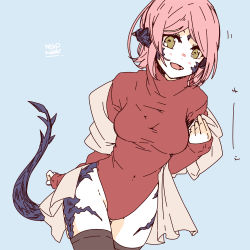 Rule 34 | au ra, blue background, breasts, covered navel, final fantasy, final fantasy xiv, heattech leotard, horns, leotard, lili mdoki, medium breasts, pink hair, scales, scarf, simple background, skindentation, sweater, tail, thighhighs, thighs, turtleneck, unworn scarf, warrior of light (ff14), yellow eyes