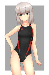 Rule 34 | 10s, 1girl, absurdres, arena (company), bad id, bad pixiv id, black one-piece swimsuit, blue eyes, competition swimsuit, contrapposto, cowboy shot, flat chest, girls und panzer, highres, itsumi erika, looking at viewer, one-piece swimsuit, short hair, silver hair, solo, standing, swimsuit, takafumi