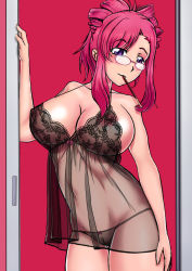 Rule 34 | 1girl, blush, breasts, cleft of venus, entering, food, glasses, highres, kazami mizuho, large breasts, lingerie, negligee, nipples, nipples visible through clothing, onegai teacher, panties, pocky, pocky day, purple eyes, pussy, red hair, see-through dress, sexy lingerie, solo, underwear