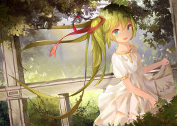 Rule 34 | 1girl, black hair, dress, floating hair, green eyes, green hair, hair ribbon, hatsune miku, highres, kilo (pixiv), long hair, looking at viewer, open mouth, outdoors, ribbon, skirt hold, solo, tree, twintails, very long hair, vocaloid, white dress