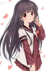 Rule 34 | 1girl, absurdres, armband, black hair, black sailor collar, blush, closed mouth, commentary request, dress, expressionless, hand up, highres, layered sleeves, long hair, long sleeves, looking at viewer, matsumoto rise, nanamori school uniform, pleated dress, red armband, red dress, red eyes, sailor collar, sailor dress, school uniform, serafuku, shirt, short over long sleeves, short sleeves, signature, sketch, solo, standing, usagi koushaku, very long hair, white background, white shirt, yuru yuri