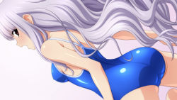 Rule 34 | 1girl, absurdres, ass, azmaria hendric, brown eyes, chrno crusade, commentary request, competition school swimsuit, cowboy shot, from behind, highres, long hair, looking at viewer, one-piece swimsuit, open mouth, school swimsuit, sideways, silver hair, simple background, solo, sugimura tomokazu, swimsuit, tagme, white background