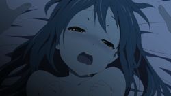 Rule 34 | 1girl, bed, bed sheet, blue theme, blush, completely nude, crying, crying with eyes open, dark, drooling, face, implied sex, k-on!, kuma motoko, looking at viewer, lying, messy hair, monochrome, nakano azusa, night, nude, on back, open mouth, pov, round teeth, saliva, sexually suggestive, solo, tears, teeth, torogao