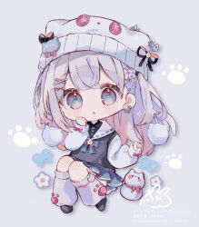 1girl :o animal_ears animal_hat beanie black_shirt black_shoes blue_eyes blue_skirt chibi collared_shirt commentary_request english_text fake_animal_ears fish_skeleton full_body grey_background grey_hair hat long_hair long_sleeves looking_at_viewer loose_socks original parted_lips pleated_skirt puffy_long_sleeves puffy_sleeves sencha_(senta_10) shirt shoes signature simple_background skirt sleeves_past_wrists socks solo sweater_vest very_long_hair watermark white_hat white_shirt white_socks