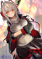 Rule 34 | 1girl, ahoge, arknights, black jacket, black pantyhose, black skirt, commentary, cowboy shot, demon horns, dutch angle, explosion, grey hair, grey shirt, highres, horns, jacket, looking at viewer, open clothes, open jacket, orange eyes, pantyhose, pupps, red skirt, scar, scar on arm, shirt, short hair, skirt, solo, two-tone skirt, w (arknights)
