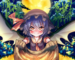Rule 34 | 1girl, ascot, bag, bamboo, bamboo forest, bat wings, blue hair, blush, bow, cloud, commentary, fang, forest, full moon, halloween, happy, hat, hat bow, light particles, looking up, mob cap, moon, nature, night, night sky, path, red eyes, remilia scarlet, road, short hair, short sleeves, sky, smile, solo, touhou, trick or treat, volcano (liao), wings