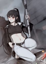 Rule 34 | 1girl, absurdres, belt, black belt, black footwear, black hair, black jacket, black shirt, borrowed character, bright pupils, character request, coin, full body, grey sky, highres, jacket, long hair, long sleeves, midriff, navel, original, outdoors, pants, ponytail, potion, red eyes, rusellunt, shirt, shoes, sky, solo, squatting, staff, thighs, very long hair, white pants, white pupils