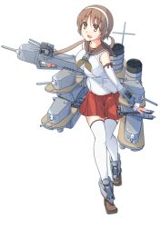 Rule 34 | 10s, 1girl, anti-aircraft, anti-aircraft gun, baseu, breasts, brown eyes, brown hair, cannon, detached sleeves, hairband, highres, kantai collection, machinery, natori (kancolle), open mouth, pleated skirt, school uniform, serafuku, shoes, short hair, skirt, smile, smokestack, solo, thighhighs, torpedo, turret, white hairband, white thighhighs