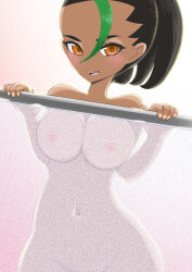 Rule 34 | 1girl, against glass, black hair, blurry, blush, breasts, brown eyes, creatures (company), dark-skinned female, dark skin, forehead, game freak, green hair, highres, large breasts, looking at viewer, microsd (pibo), multicolored hair, navel, nemona (pokemon), nintendo, nipples, no nose, nude, open mouth, out-of-frame censoring, pokemon, pokemon sv, ponytail, smile, solo, standing