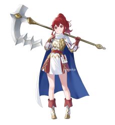 Rule 34 | 1girl, absurdres, alternate costume, anna (fire emblem), anna (fire emblem engage), armor, artist name, axe, cape, commission, crossed bangs, dress, fire emblem, fire emblem engage, fire emblem heroes, full body, gloves, highres, holding, holding axe, index finger raised, long hair, looking at viewer, moja (rainpoow), nintendo, ponytail, red eyes, red gloves, red hair, scale armor, smile, solo, teeth, white background