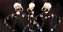 Rule 34 | 1girl, 3d, alternate costume, ascot, bare shoulders, bat hair ornament, belt, bikini, bikini top only, black bikini, black footwear, black legwear, black skirt, blender (medium), blonde hair, boots, character name, commentary, cross-laced footwear, crystal, detached sleeves, flandre scarlet, frills, gs-mantis, hair ornament, hair ribbon, highres, lace-up boots, laevatein, miniskirt, multiple views, nail polish, navel, pleated skirt, red eyes, red nails, ribbon, side ponytail, skirt, skirt set, smile, stats, stomach, swimsuit, touhou, turnaround, wings