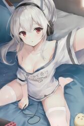 Rule 34 | 1girl, 28yama, :o, ayanami (azur lane), ayanami (niconico) (azur lane), azur lane, bare shoulders, blush, breasts, cleavage, collarbone, commentary, foot out of frame, grey hair, hair between eyes, headgear, headphones, highres, long hair, looking at viewer, manjuu (azur lane), medium breasts, nintendo switch, no bra, no shoes, off-shoulder shirt, off shoulder, official alternate costume, on bed, outstretched arm, parted lips, ponytail, reaching, reaching towards viewer, red eyes, shirt, short sleeves, sidelocks, sitting, solo, spread legs, thighhighs, thighs, wariza, white shirt, white thighhighs