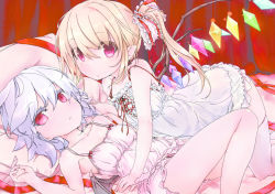 Rule 34 | 2girls, absurdres, ayuya naka no hito, bare shoulders, bat wings, blonde hair, collarbone, colored eyelashes, flandre scarlet, hair ribbon, holding hands, highres, incest, light purple hair, lying, multiple girls, nightgown, on back, on bed, pillow, pointy ears, red eyes, remilia scarlet, ribbon, sanoharu, short hair, siblings, side ponytail, sisters, strap slip, thighhighs, touhou, white legwear, wings, yuri