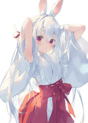 Rule 34 | 1girl, :&lt;, animal ear fluff, animal ears, arms behind head, arms up, blush, braid, chinese zodiac, closed mouth, commentary request, hair between eyes, hakama, hakama skirt, highres, japanese clothes, kani biimu, kimono, long hair, looking at viewer, original, rabbit ears, rabbit girl, rabbit tail, red eyes, red hakama, short sleeves, simple background, skirt, solo, tail, very long hair, white background, white hair, white kimono, wide sleeves, year of the rabbit