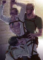 Rule 34 | 3boys, abs, against wall, anal, beard, black hair, blonde hair, blush, drooling, erwin smith, facial hair, fellatio, group sex, levi (shingeki no kyojin), male focus, male penetrated, mmm threesome, multiple boys, muscular, oral, outdoors, pectorals, penis, saba same, saliva, sex, shingeki no kyojin, sweat, threesome, unbuttoned, uncensored, undressing, wince, yaoi