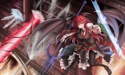 Rule 34 | &gt;:(, 1girl, belt, black footwear, black pantyhose, black skirt, black vest, black wings, book, breasts, chinese commentary, demon wings, flying, frown, head wings, highres, holding, holding polearm, holding spear, holding weapon, indoors, koakuma, large breasts, library, long hair, long sleeves, looking at viewer, magic, namiki (remiter00), pantyhose, pointy ears, polearm, red belt, red eyes, red hair, red neckwear, shirt, shoes, skirt, skirt set, solo, spear, touhou, trident, vest, weapon, white shirt, wings