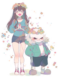 Rule 34 | 1boy, 1girl, :d, bare legs, black shorts, blue shirt, blunt bangs, blush, breasts, closed eyes, converse, facing viewer, flower wreath, frisk (undertale), full body, grin, hands in pockets, head wreath, highres, long hair, long sleeves, open mouth, own hands together, sans (undertale), shirt, shoes, shorts, simple background, skeleton, slippers, small breasts, smile, socks, sparkle, standing, string, string of fate, third-party source, undertale, vivinos, white background, white socks
