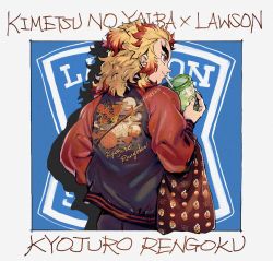 Rule 34 | 1boy, absurdres, alternate costume, bag, black jacket, blonde hair, character name, copyright name, cup, drinking straw, food, forked eyebrows, from behind, highres, holding, holding cup, holding food, jacket, kimetsu no yaiba, lawson, male focus, medium hair, multicolored clothes, multicolored hair, multicolored jacket, poroi (poro586), red eyes, red hair, red jacket, rengoku kyoujurou, solo, thick eyebrows, two-tone hair, v-shaped eyebrows