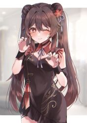 Rule 34 | alternate costume, black nails, breasts, brown hair, china dress, chinese clothes, choker, detached sleeves, double bun, dress, flower-shaped pupils, frilled sleeves, frills, genshin impact, hair bun, heart, highres, hu tao (genshin impact), long hair, looking at viewer, one eye closed, puffy detached sleeves, puffy sleeves, red eyes, ribbon, rim (ririm711), short sleeves, small breasts, smile, symbol-shaped pupils, twintails, white ribbon