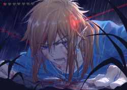 Rule 34 | 1boy, absurdres, arsh (thestarwish), blonde hair, blood, blood on face, blue eyes, blue shirt, earrings, face, grass, hair between eyes, heart, highres, infrared, jewelry, link, long sleeves, lying, male focus, nintendo, on stomach, pointy ears, rain, shirt, solo, the legend of zelda, the legend of zelda: breath of the wild, wet