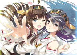 Rule 34 | 10s, 2girls, ;d, ahoge, bare shoulders, black hair, brown hair, cheek-to-cheek, detached sleeves, double bun, hair ornament, hairband, hairclip, haruna (kancolle), heads together, heart, huyukaaki, japanese clothes, kantai collection, kongou (kancolle), long hair, multiple girls, one eye closed, open mouth, outstretched hand, personification, reaching, smile, thighhighs, white hair